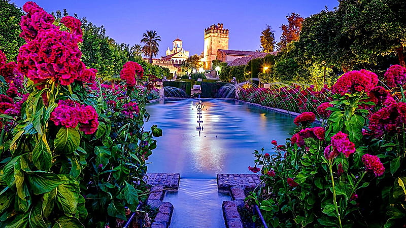 Beautiful Castles, castle, lake, night, flowers, nature, reflection, HD wallpaper
