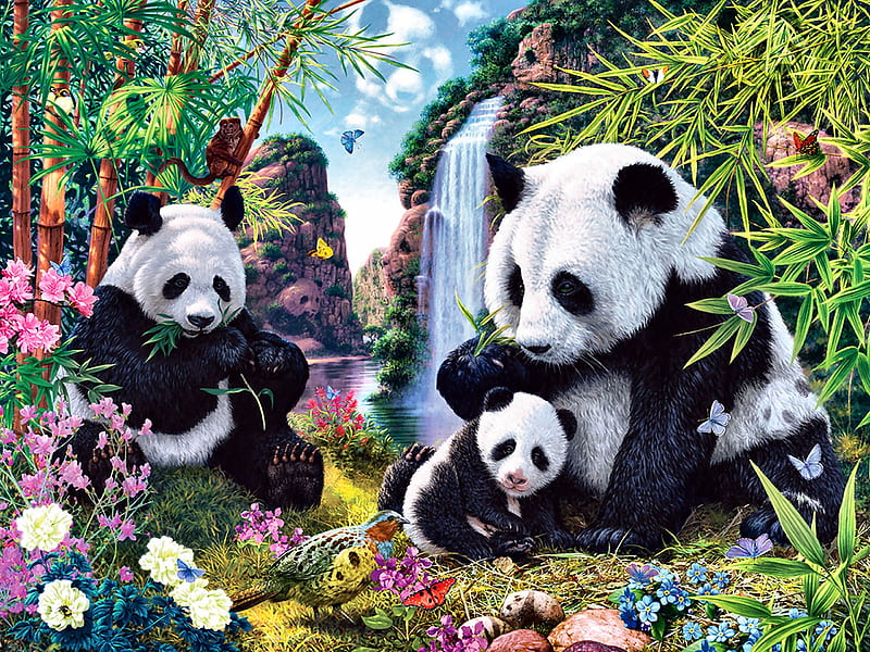 Shangri La - Pandas F2Cmp, art, painting, wide screen, wildlife, bonito, artwork, animal, pandas, HD wallpaper