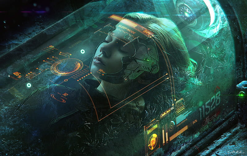 Cyborg girl sleeping, art, fantasy, sleep, luminos, girl, green, vladimir manyukhin, cyborg, HD wallpaper