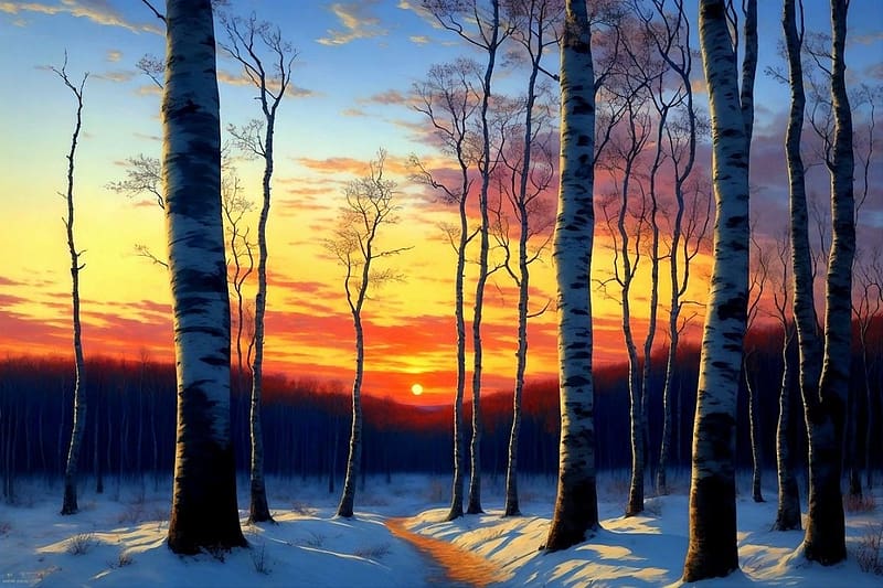 Sunset in the winter forest, teli szinek, nyirfak, teli erdo, ho, tel, napnyugta, tajkep, havas taj, bekes, hideg, termeszet, HD wallpaper