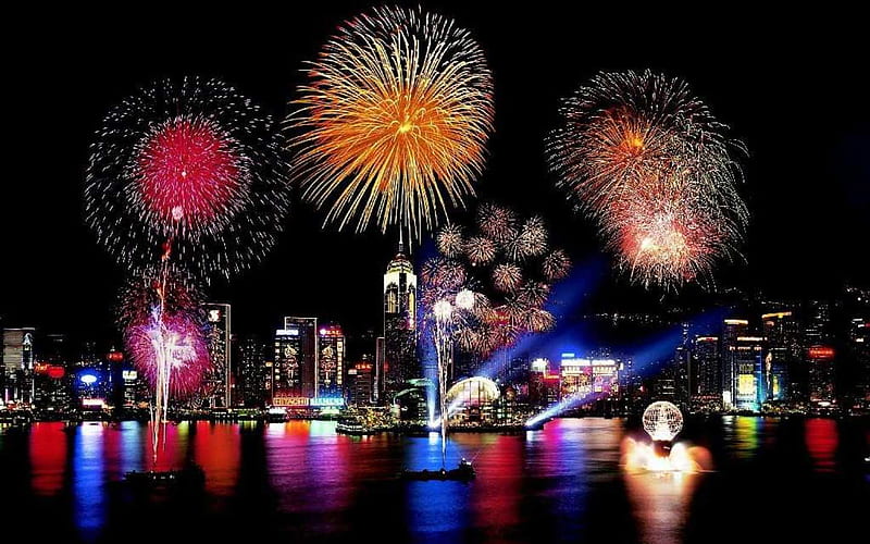 hong kong new year, loud, celebration, new year, fun, sky, lights, fire, water, festive, fireworks, bright, celebrate, HD wallpaper