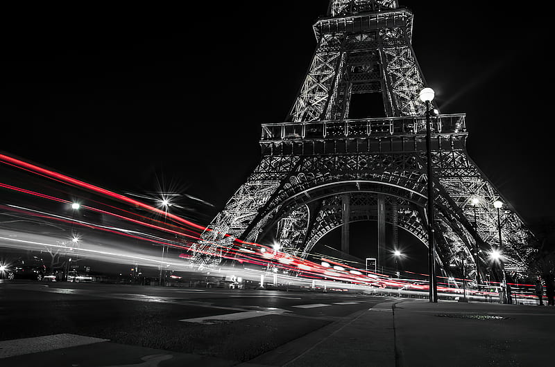 Monuments, Eiffel Tower, Light, Night, Paris, Road, Time-Lapse, HD wallpaper