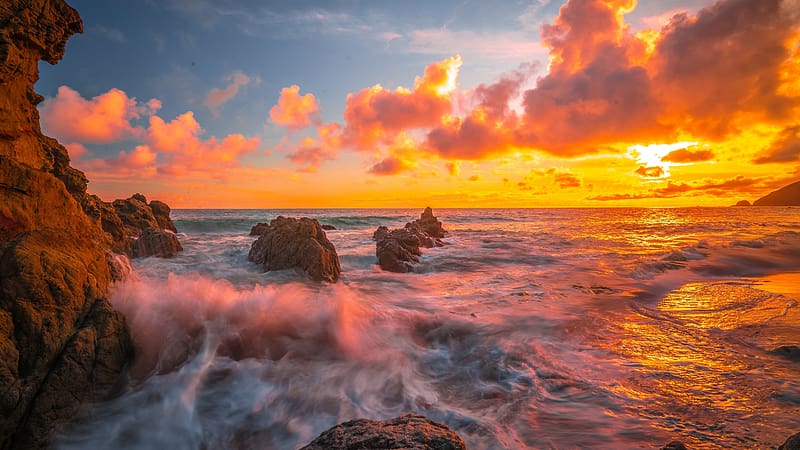 Sunset at Rocky Beach, sky, rocks, sunset, sea, clouds, colors, HD wallpaper