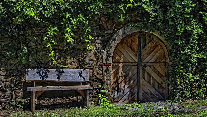 Wood Bench and Doorway, Wood Benches, Landscapes, Nature, Doors, HD wallpaper