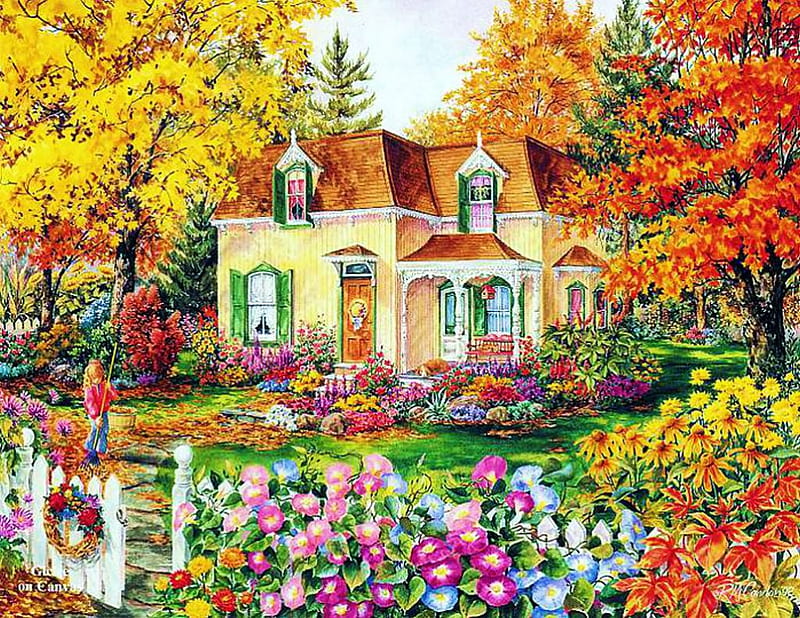 Villa at Autumn, fence, painting, flowers, colors, garden, trees, artwork, HD wallpaper