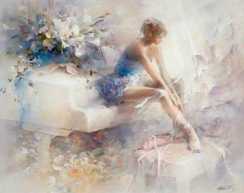 Resting Time, ballerina, people, painting, piano, resting tiime, watercolor, HD wallpaper