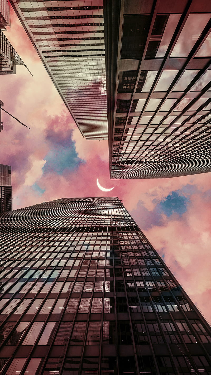 Sky Scrapers, Sky, Taudalpoi, awesome, city, clouds, collage, cool, digital, dramatic, evening, moon, nasa, planet, skyscraper, space, surreal, surrealism, urban, HD phone wallpaper