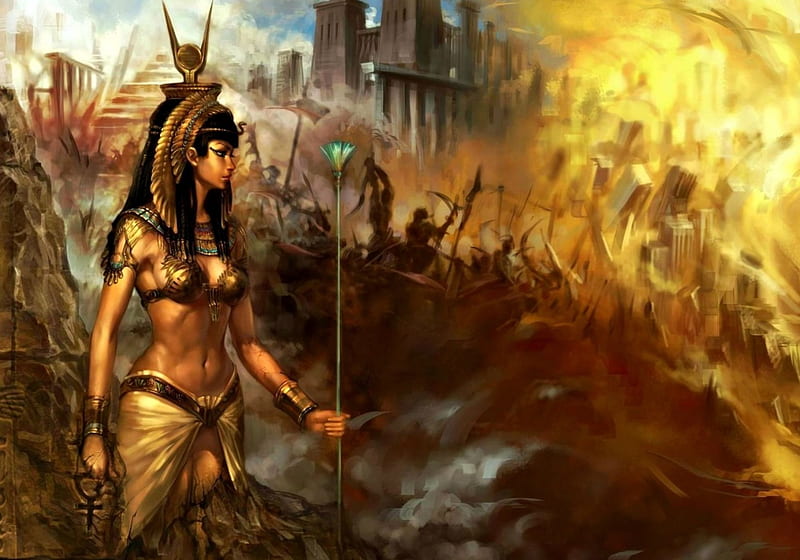 Isis, art, orange, goddess, golden, yellow, woman, fire, fantasy, girl, dust, egypt, HD wallpaper