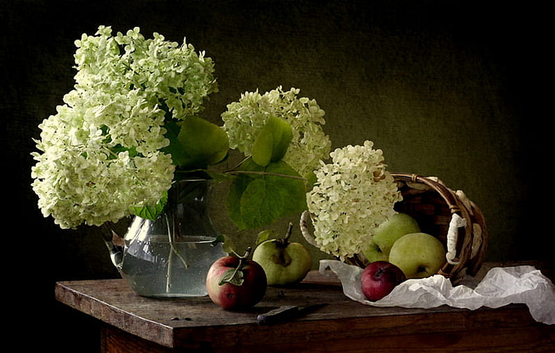 Spring Bounty, table, white fabric, apples, vase, lilacs, knife, basket, flowers, white lilacs, HD wallpaper
