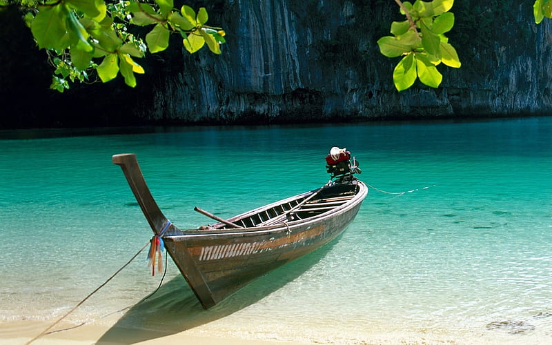 tranquility, beach, cliff, boat, leaf, HD wallpaper