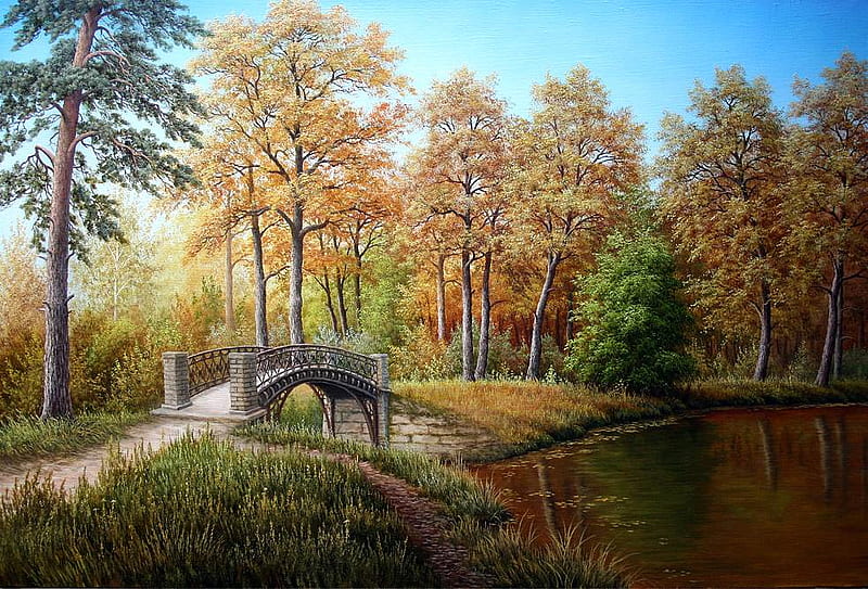 V. Koshelev. Openwork bridge in the old park, v koshelev, art, autumn, tree, bridge, painting, HD wallpaper