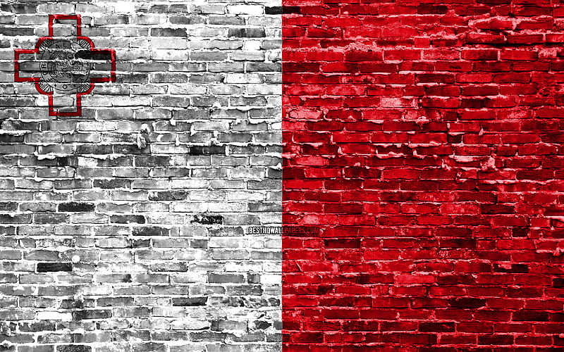 Maltese flag, bricks texture, Europe, national symbols, Flag of Malta, brickwall, Malta 3D flag, European countries, Malta, HD wallpaper