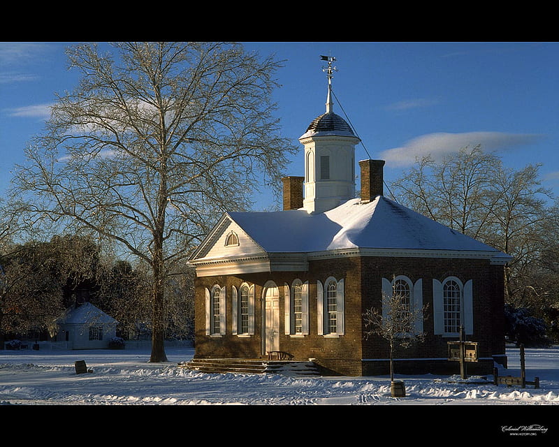 Snow Courthouse, house, church, sky, winter, cold, building, snow, white, blue, HD wallpaper