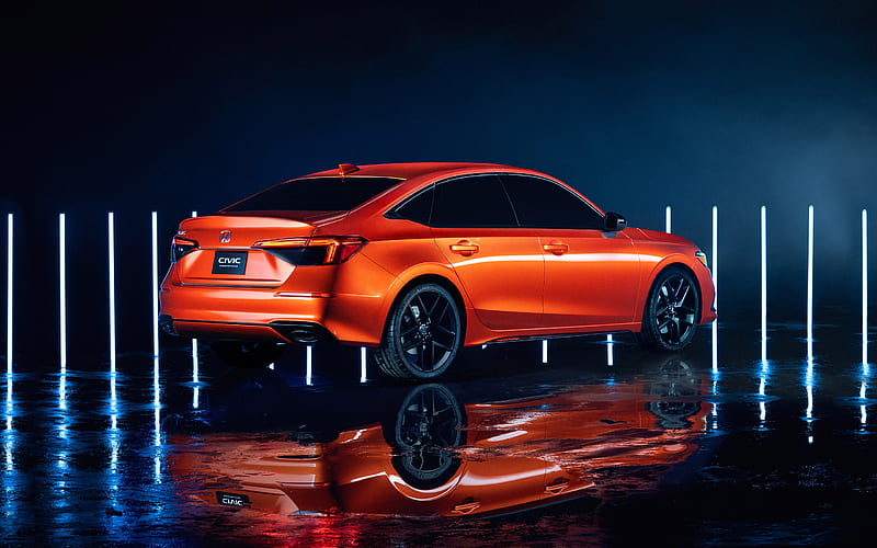 2022, Honda Civic prototype, rear view, exterior, orange sedan, new orange Civic 2022, japanese cars, Honda, HD wallpaper