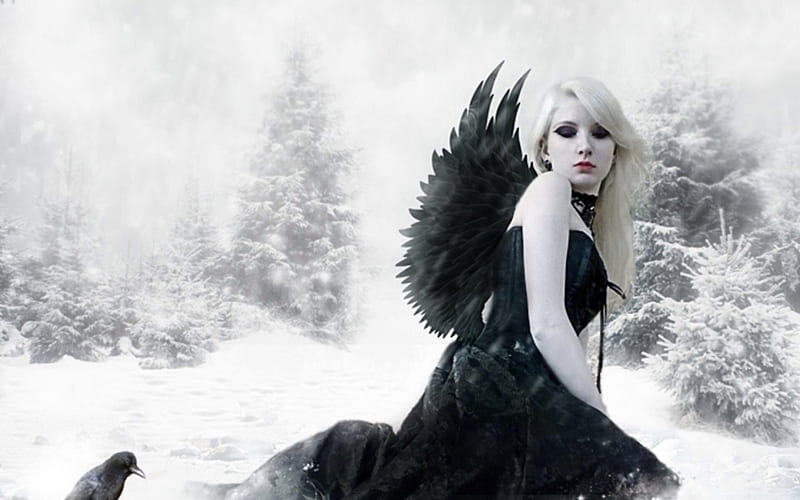 Dark Angel in the Snow, wings, raven, angel, winged, winter, fantasy, gothic, snow, dark, HD wallpaper