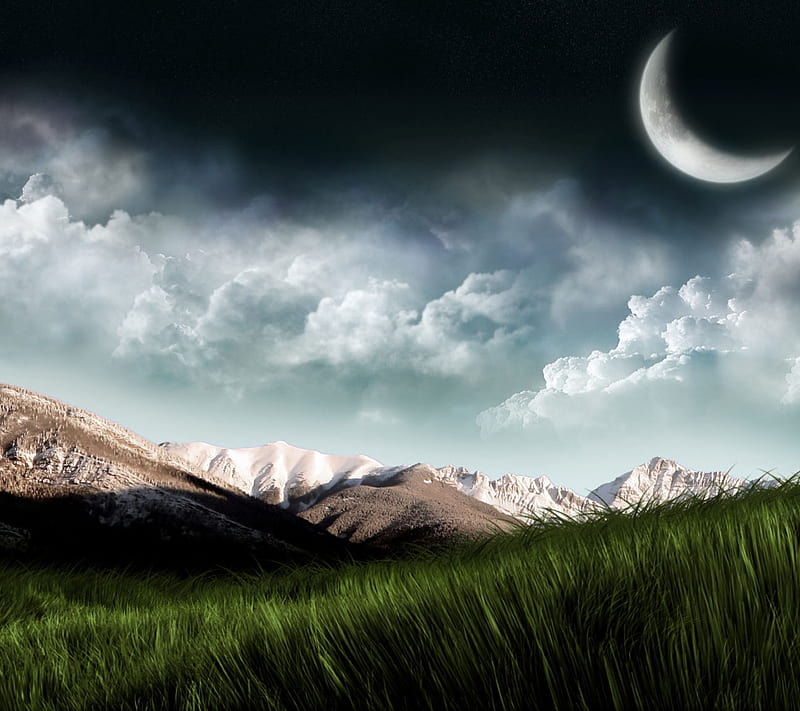 3D Moon, grass, landscape, mount, sky, HD wallpaper