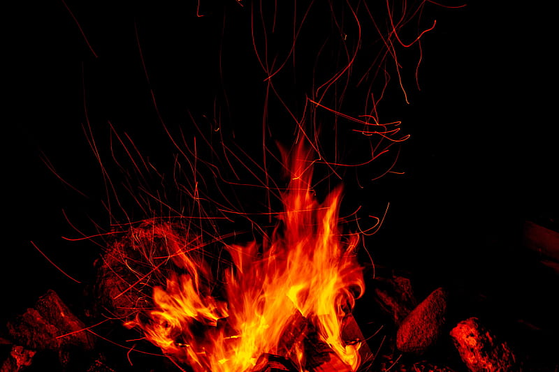 bonfire, fire, sparks, flame, dark, HD wallpaper