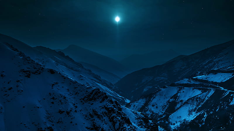 Snow Covered Mountain With Background Of Dark Sky And Moon During Nighttime Nature, HD wallpaper