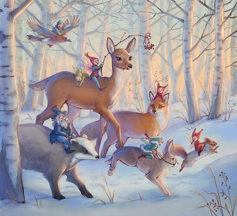 :), winter, dwarf, running, art, gnom, vulpe, elf, fox, bunny, fantasy, snow, iarna, deer, forest, rabbit, squirrel, arina shvigineva, HD wallpaper