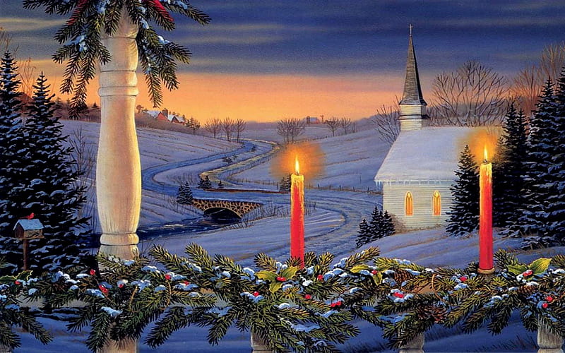 Winter White Church, Snow, Candles, Church, Winter, Trees, HD wallpaper