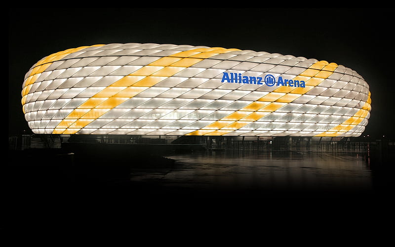 Allianz Arena, Munich, German football stadium, white yellow backlight, FC Bayern Munich Stadium, Bundesliga, football, Bavaria, Germany, HD wallpaper