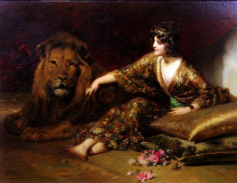 Lion's Lair, art, painting, roses, lady, princess, pillows, lion, HD wallpaper