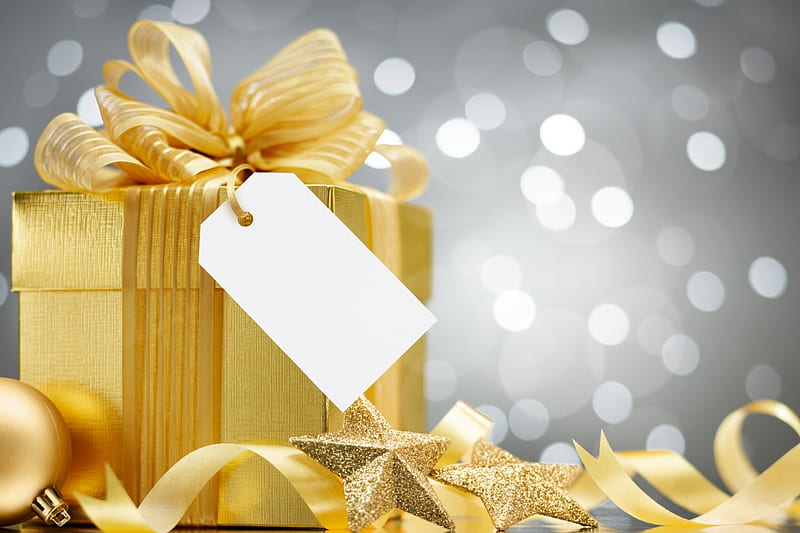 Shiny Gold Christmas , stars, present, golden, magic, bow, silver, bokeh, christmas time, light, HD wallpaper