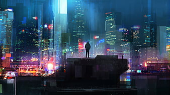 Download wallpaper 1366x768 city, art, cyberpunk, night, movement tablet,  laptop hd background