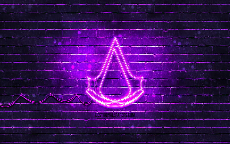 Assassins Creed violet logo violet brickwall, Assassins Creed logo, 2020 games, Assassins Creed neon logo, Assassins Creed, HD wallpaper