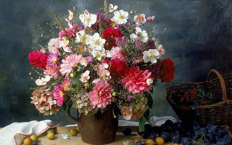 Flowers, Basket, Plums, still live, blossoms, vase, HD wallpaper