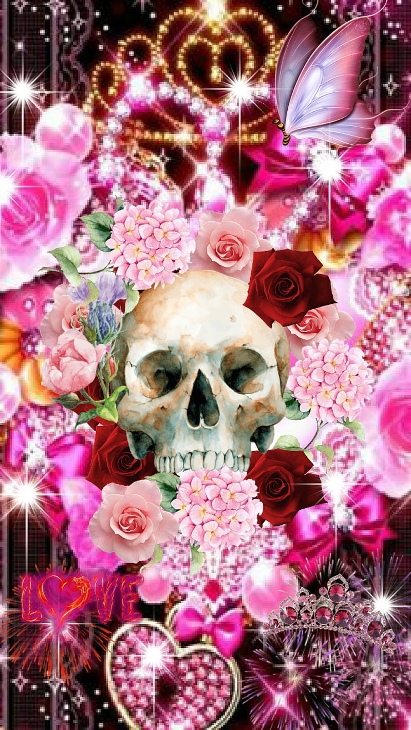 Fancy, day, dead, flowers, heart, love, pink, red, roses, skull, sugar, HD phone wallpaper