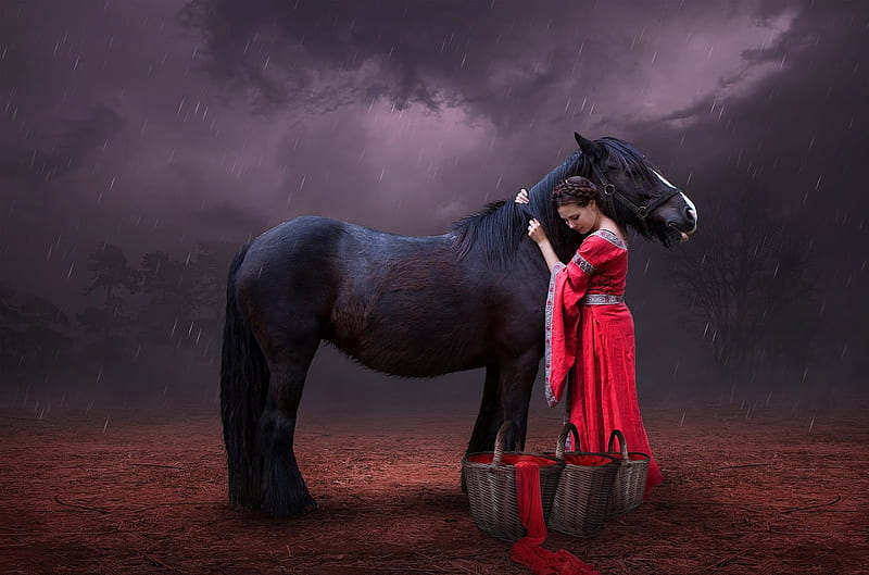 Black Horse, red, dress, woman, horse, HD wallpaper