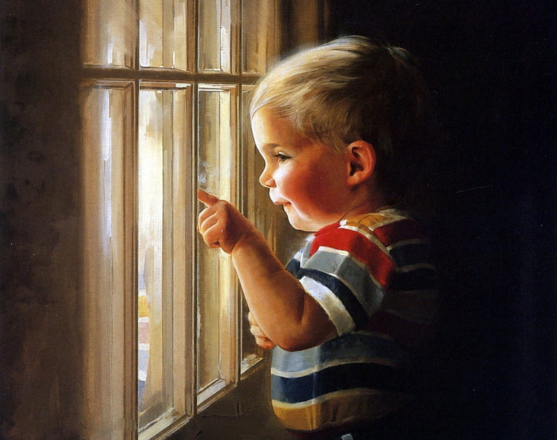 DADDY IS COMING!, little boy, bars, house, window, curious, cute, pointing, boy, painting, pointng, HD wallpaper