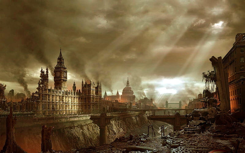 Dystopia, architecture, survival, London, ruins, England, apocalypse, fantasy, city, UK, broken down, post apocalyptic, abandoned, HD wallpaper