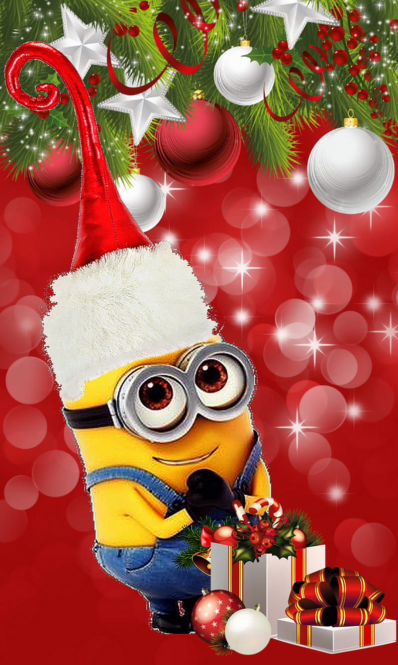 minion christmas, cartoon, gift, merry, merry christmas, xmas, HD phone wallpaper