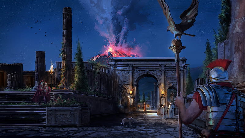 Fantasy, Warrior, Eruption, Night, Pompeii, Volcano, HD wallpaper
