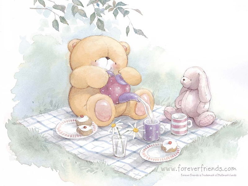 Bear and Bunny on a Picnic, outside, bear, fun, blanket, picnic, tea, stuffie, teddybear, stuffy, leaves, bunny, cakes, HD wallpaper