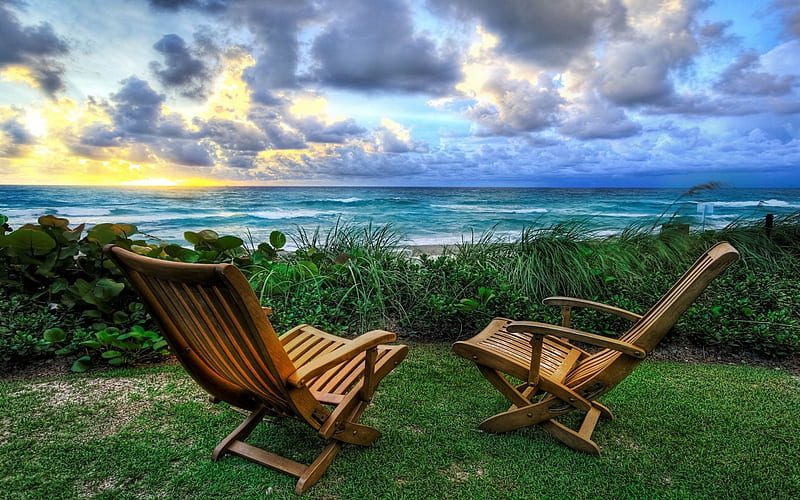 Empty Beach Chairs At Sunset, HD wallpaper