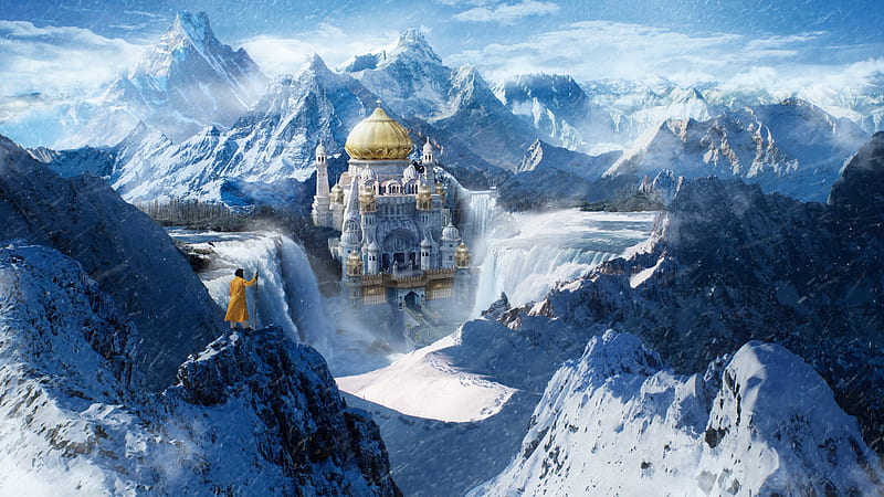 Sacred temple, winter, iarna, blue, art, world, castel, luminos, moutain, akaseep sen, yellow, man, fantasy, temple, white, HD wallpaper