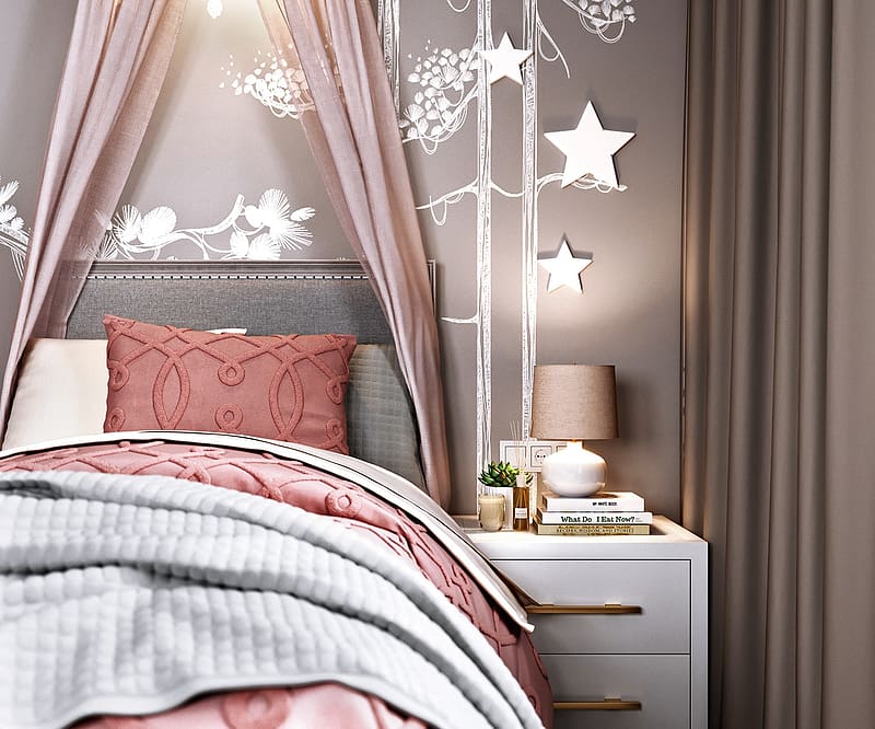 Bedroom, furniture, room, bed, interior, child, children, star, pink, syar, HD wallpaper