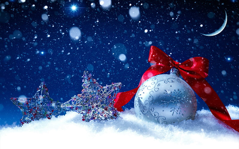 snowfall, blue christmas balls, silver stars, Happy New Year, christmas decorations, xmas balls, snowflakes, Merry Christmas, new year concepts, HD wallpaper