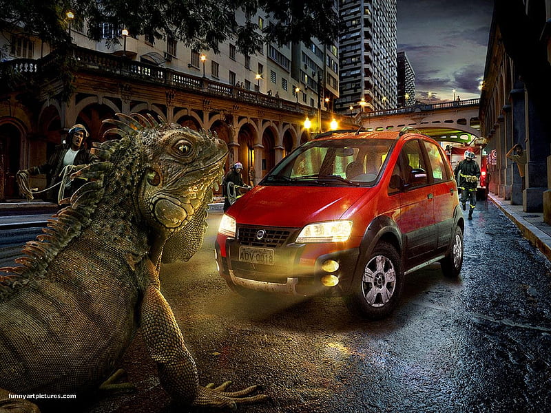 Giant iguana, red, giant, iguana, creative, dragon, situation, fantasy, city, green, car, street, night, HD wallpaper