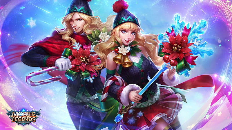 Odette and Lancelot for Christmas, red, craciun, lasso, christmas, luminos, game, man, mobile legends, fantasy, girl, blue, couple, HD wallpaper