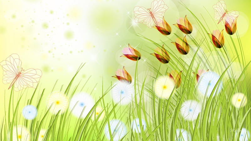 Deep in the Grass, artistic, glow, grass, dandelions, butterflies, spring, floral, green, summer, flowers, nature, weeds, HD wallpaper
