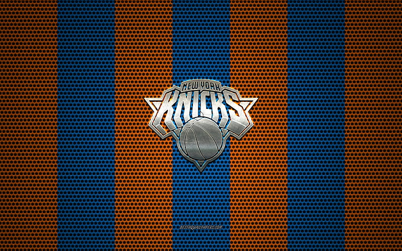 New York Knicks logo, American basketball club, metal emblem, blue orange metal mesh background, New York Knicks, NBA, New York, USA, basketball, HD wallpaper
