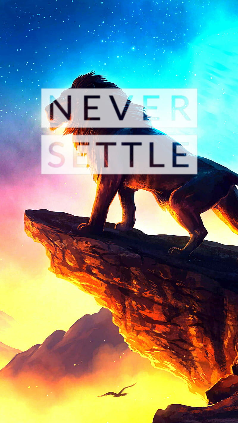 Never Settle Lion 2, animal, cliff, lion, lion king, mountains, never settle, oneplus, quote, sayings, sunset, HD phone wallpaper