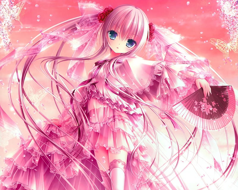 Lolita Fashion, female, ribbon, lolita, bow, girl, anime, fashion, long hair, pink, HD wallpaper