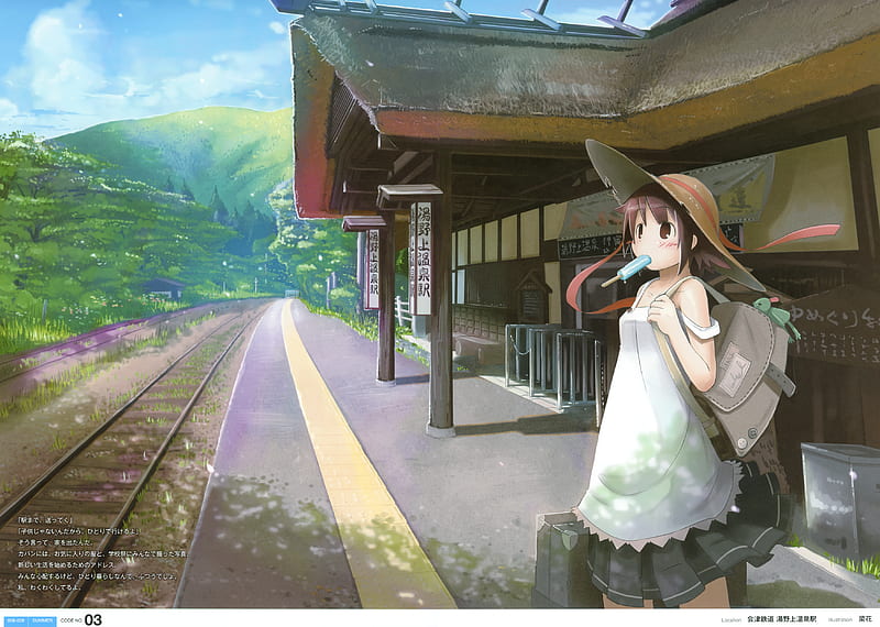 The Sixth Station, dress, bag, clouds, japan, train, anime, icecream, art, forest, music, sign, sky, trees, sixth, girl, waiting, summer, station, trackes, HD wallpaper