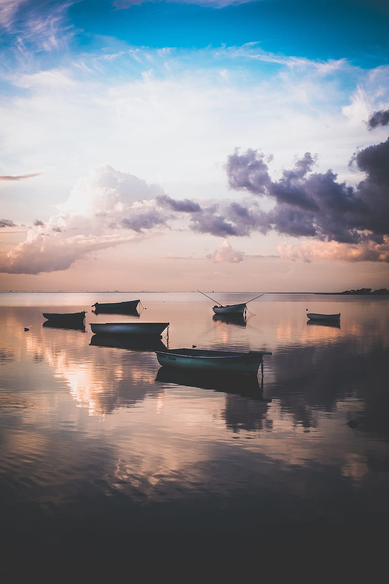 boats, water, sunset, dusk, shore, HD phone wallpaper