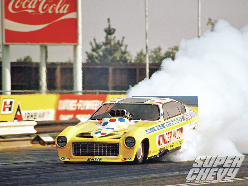Super Chevy Drag Racing Greats, gm, yellow, smoke, wonder wagon, HD wallpaper